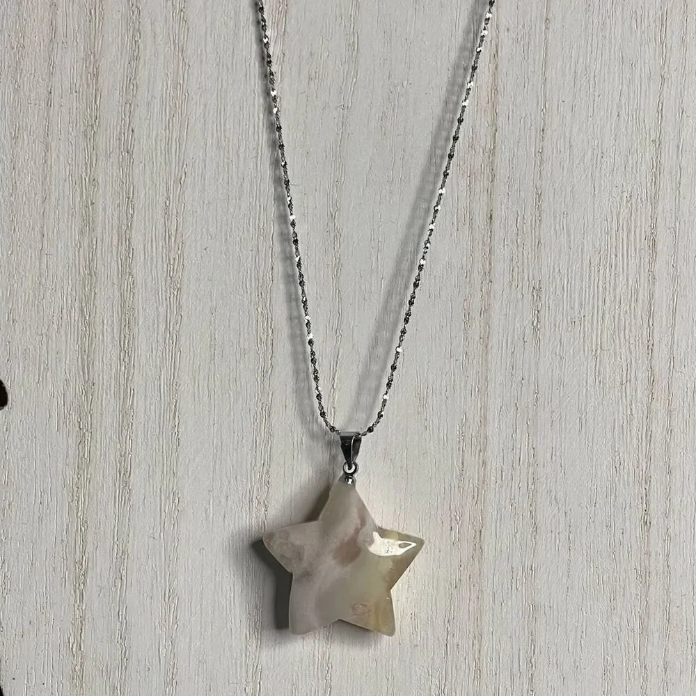 Flower agate pink yellow green star carving pendant stainless steel chain neckla